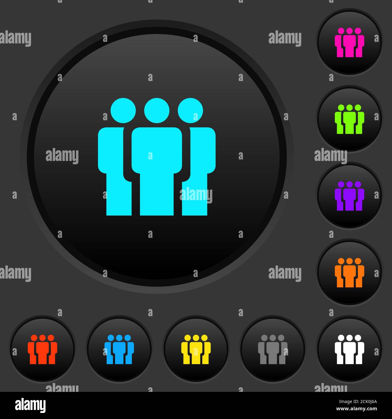 Team dark push buttons with vivid color icons on dark grey background ...