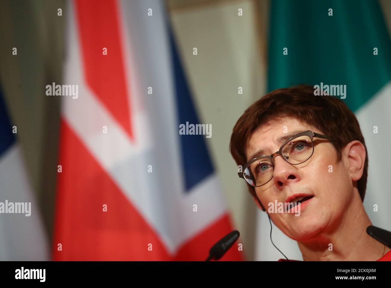 German Defence Minister Annegret Kramp-Karrenbauer speaks during a joint news conference with U.S. Defense Secretary Mark Esper (not pictured) after a meeting on anti-ISIS coalition in Munich, Germany, February 14, 2020. REUTERS/Michael Dalder Stock Photo