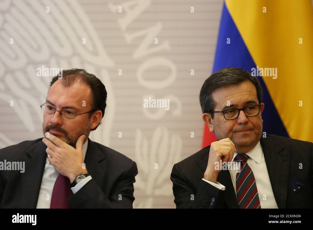 Mexico's Foreign Minister Luis Videgaray and Mexico's Economy Minister Ildefonso Guajardo gesture during the XVII meeting of Council Ministers of the Pacific Alliance, in Mexico City, Mexico, June 2, 2017. REUTERS/Edgard Garrido Stock Photo