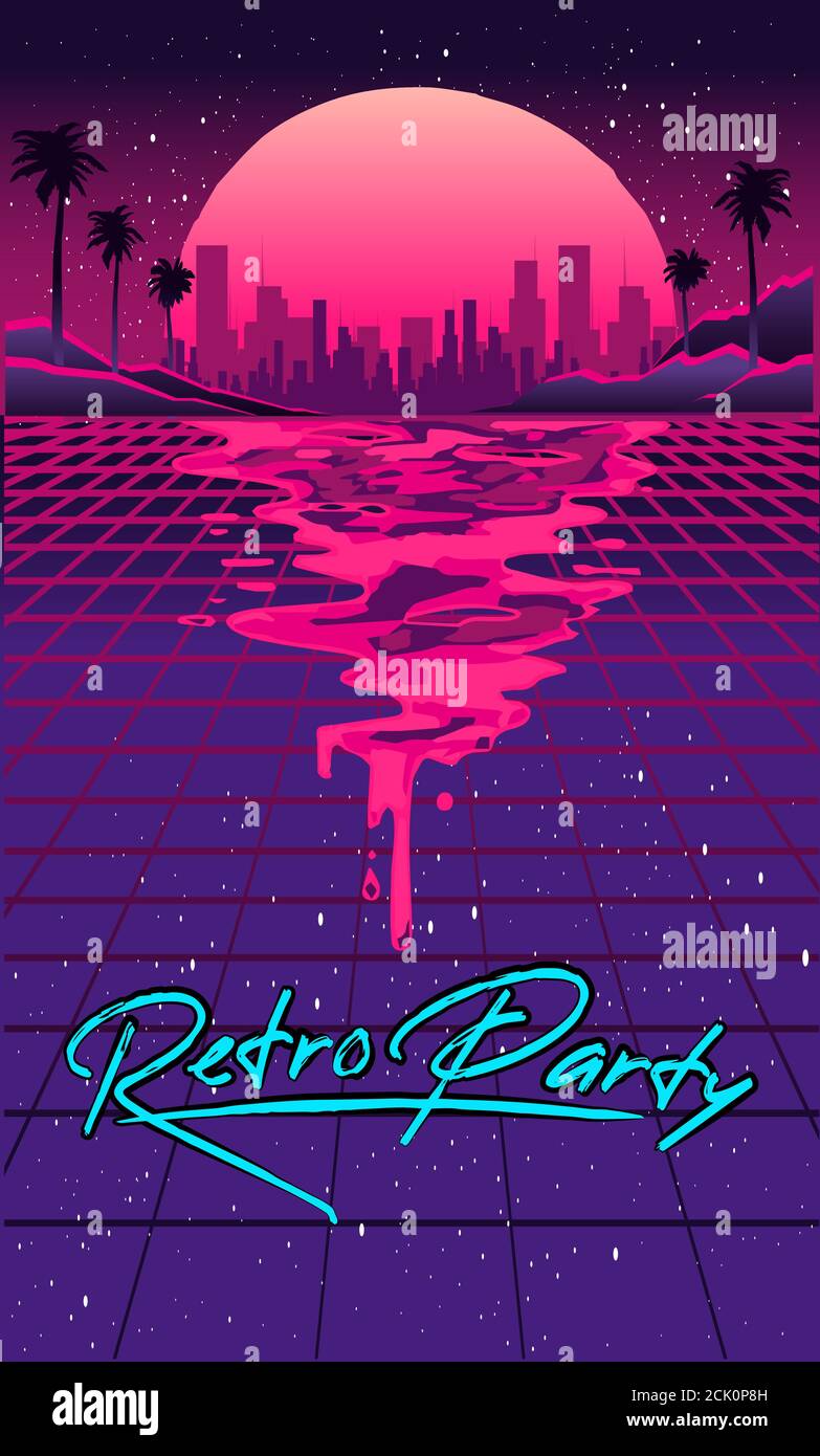 Retro future of the 80s. 1980s retro futuristic background style. Road to  the city at sunset in the style of the 1980s. Digital retro cityscape  sci-fi Stock Vector Image & Art -