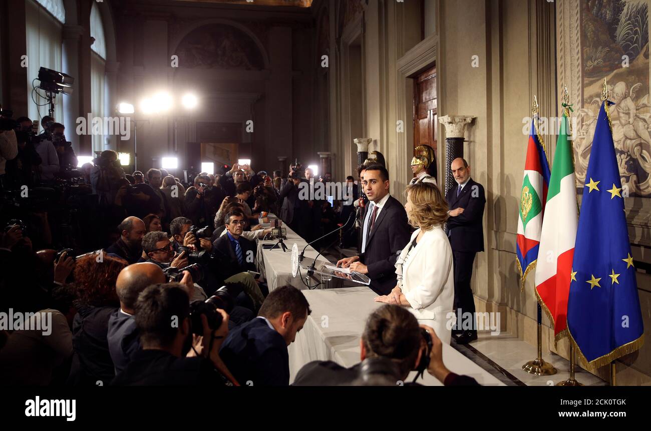 Anti-establishment 5-Star Movement leader Luigi Di Maio speaks to the media after a consultation with the Italian President Sergio Mattarella at the Quirinal Palace in Rome, Italy, May 21, 2018.  REUTERS/Alessandro Bianchi Stock Photo