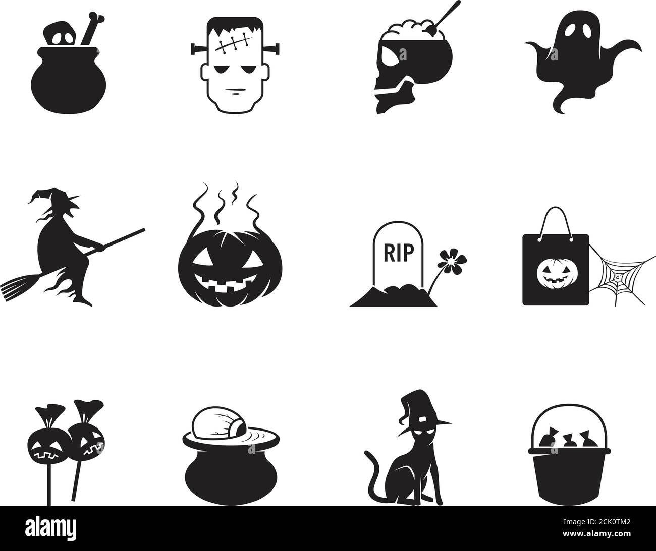 Halloween icon set in black and white. Spooky skull and pumpkin ...