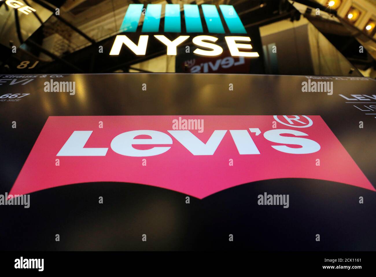 The Levi Strauss & Co. logo is seen on displays on the floor of the New  York Stock Exchange (NYSE) during the company's IPO in New York, U.S.,  March 21, 2019. REUTERS/Lucas