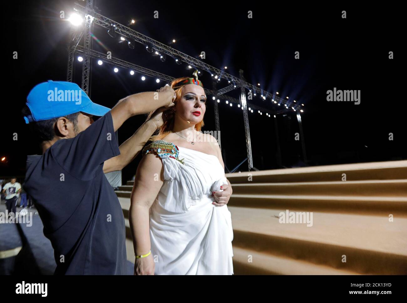 Eliska Weissova in the role of Amneris rehearses a scene for the opera 'Aida' originally set in the Old Kingdom of Egypt and composed by Giuseppe Verdi at the Temple of Queen Hatshepsut in West Bank of Luxor, Egypt, October 24, 2019. REUTERS/Amr Abdallah Dalsh Stock Photo
