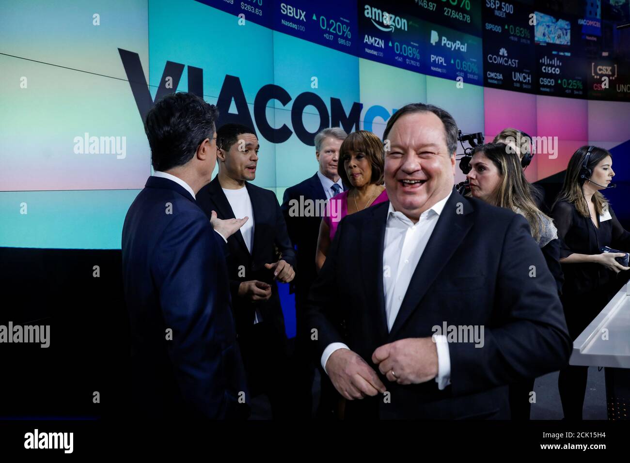 Robert Bakish, President and CEO of ViacomCBS, reacts before ringing the opening bell to celebrate his company's merger, at the Nasdaq MarketSite in New York, U.S., December 5, 2019. REUTERS/Brendan McDermid Stock Photo