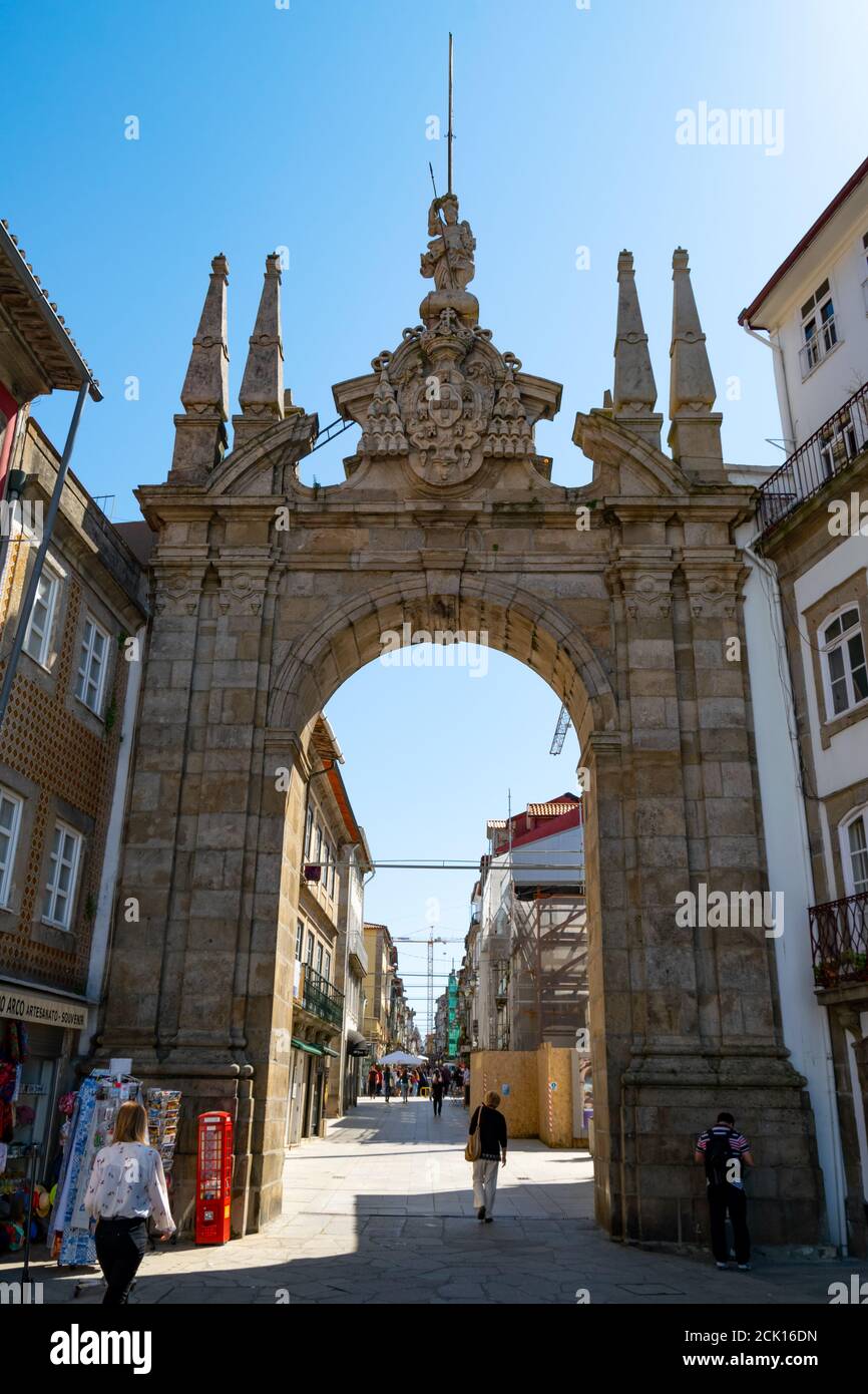The Arch of the New Gate in portuguese (Arco da Porta Nova) Braga city ancient entrance made in 1512 by Arcebispo D. Diogo de Sousa. Stock Photo