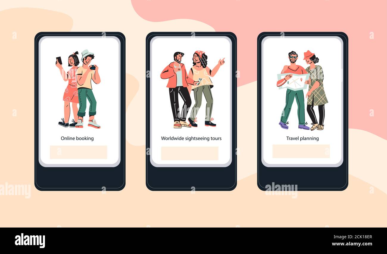 Traveling and online booking mobile apps set. Stock Vector