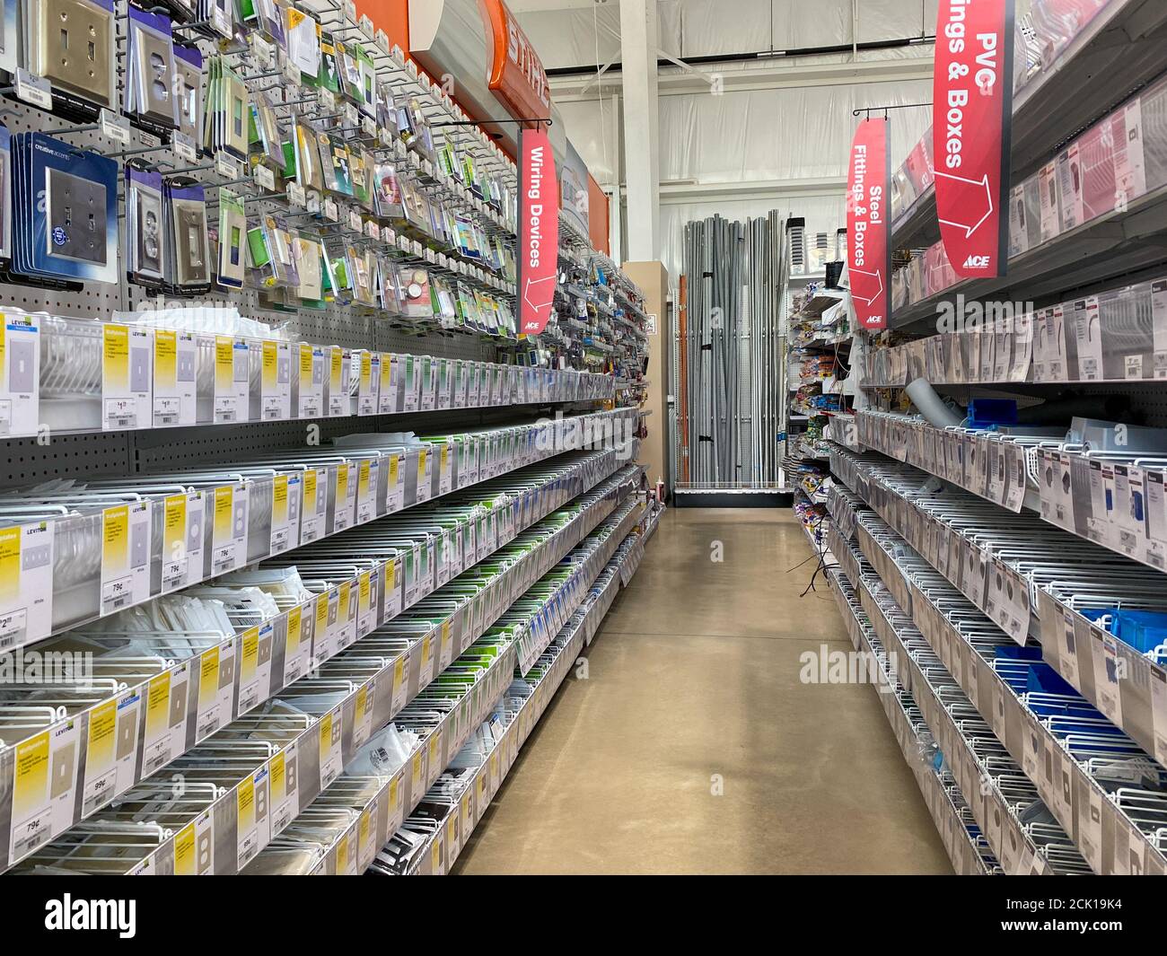 Orlando,FL/USA-9/5/20:  The wiring devices, steel fittings, and PVC fittings aisle at an Ace Hardware retail store in Orlando, Florida. Stock Photo