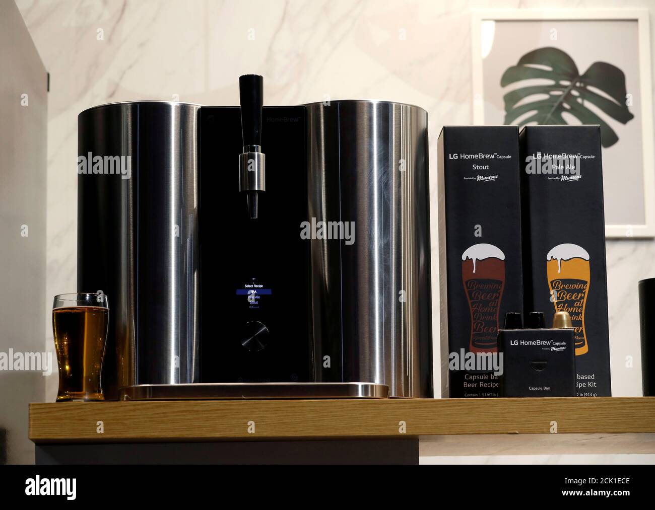The LG HomeBrew, an automated, home beer-making appliance, is displayed during an LG Electronics news conference at the 2019 CES in Las Vegas, Nevada, U.S. January 7, 2019. REUTERS/Steve Marcus Stock Photo