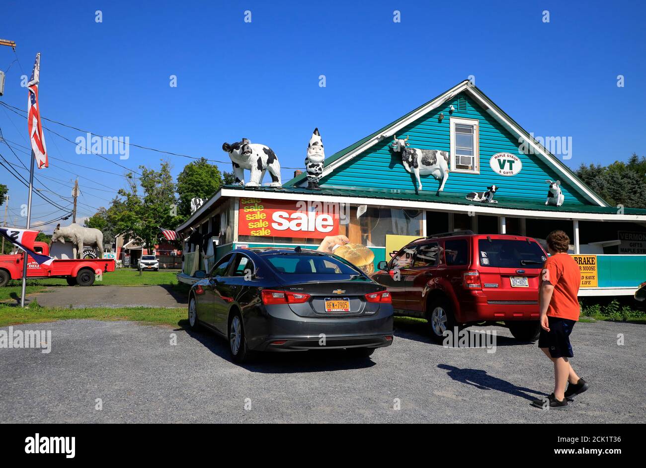 US flags and animal sculptures decorated Big Moose Deli & Country Store