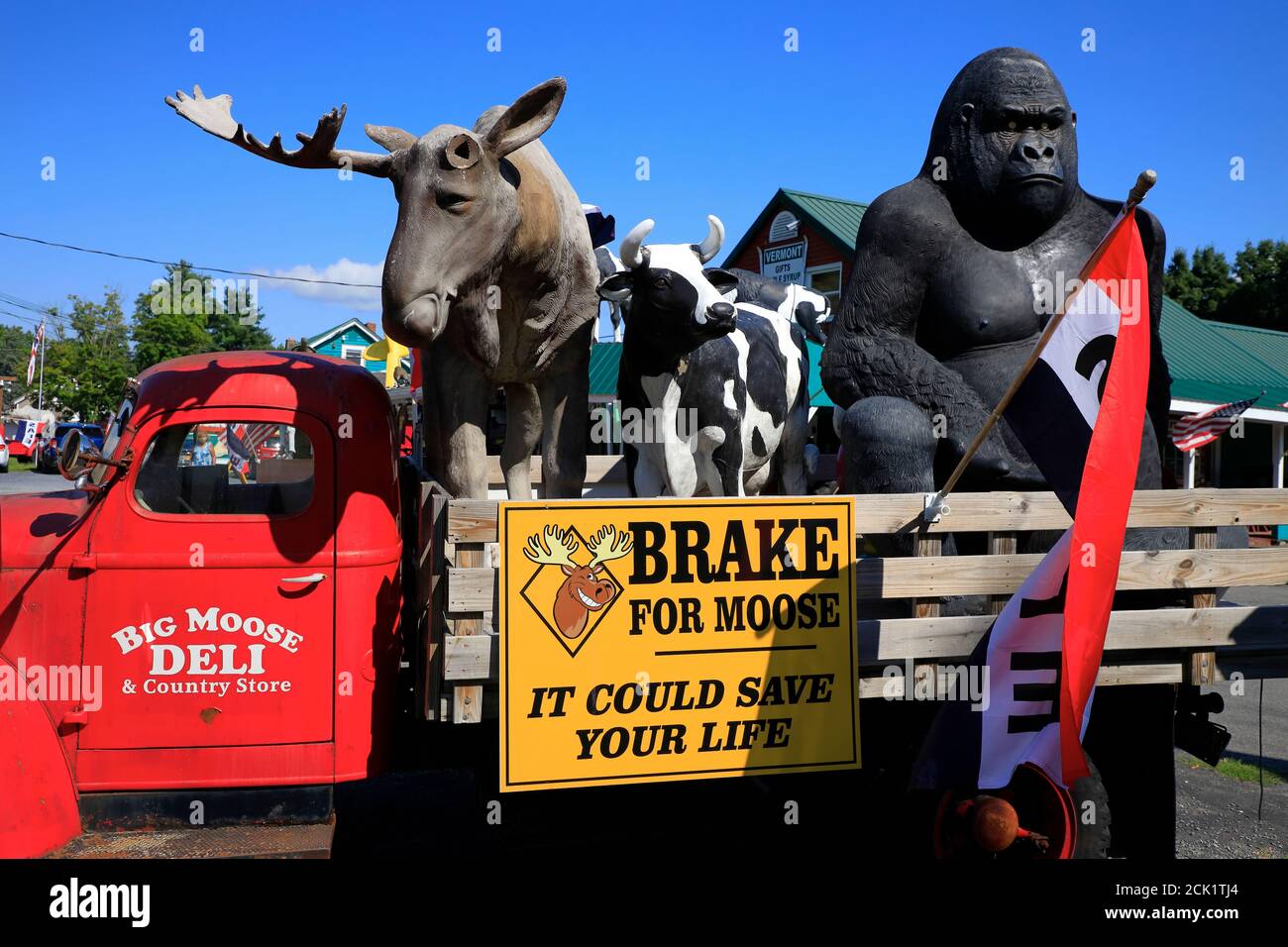 Animal sculptures on an old truck decorated the parking lot of Big Moose Deli & Country Store