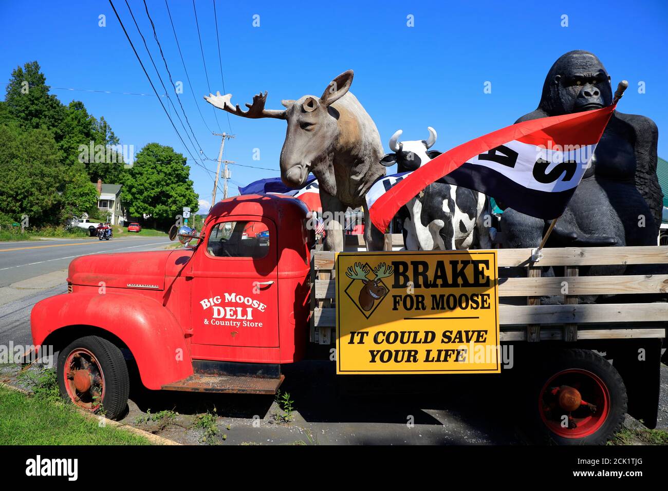 Animal sculptures on an old truck decorated the parking lot of Big Moose Deli & Country Store.Hoosick.New York.USA Stock Photo