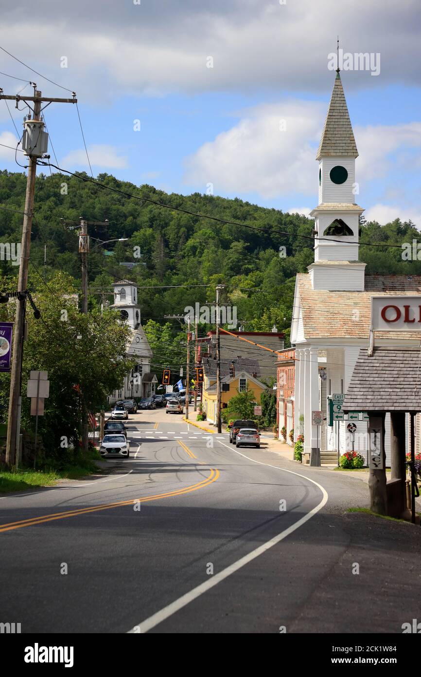 The general view of town of Wilmington with Vermont route 100 and Wilmington Baptist Church in the background from Main Street.Wilmington.Verm Stock Photo