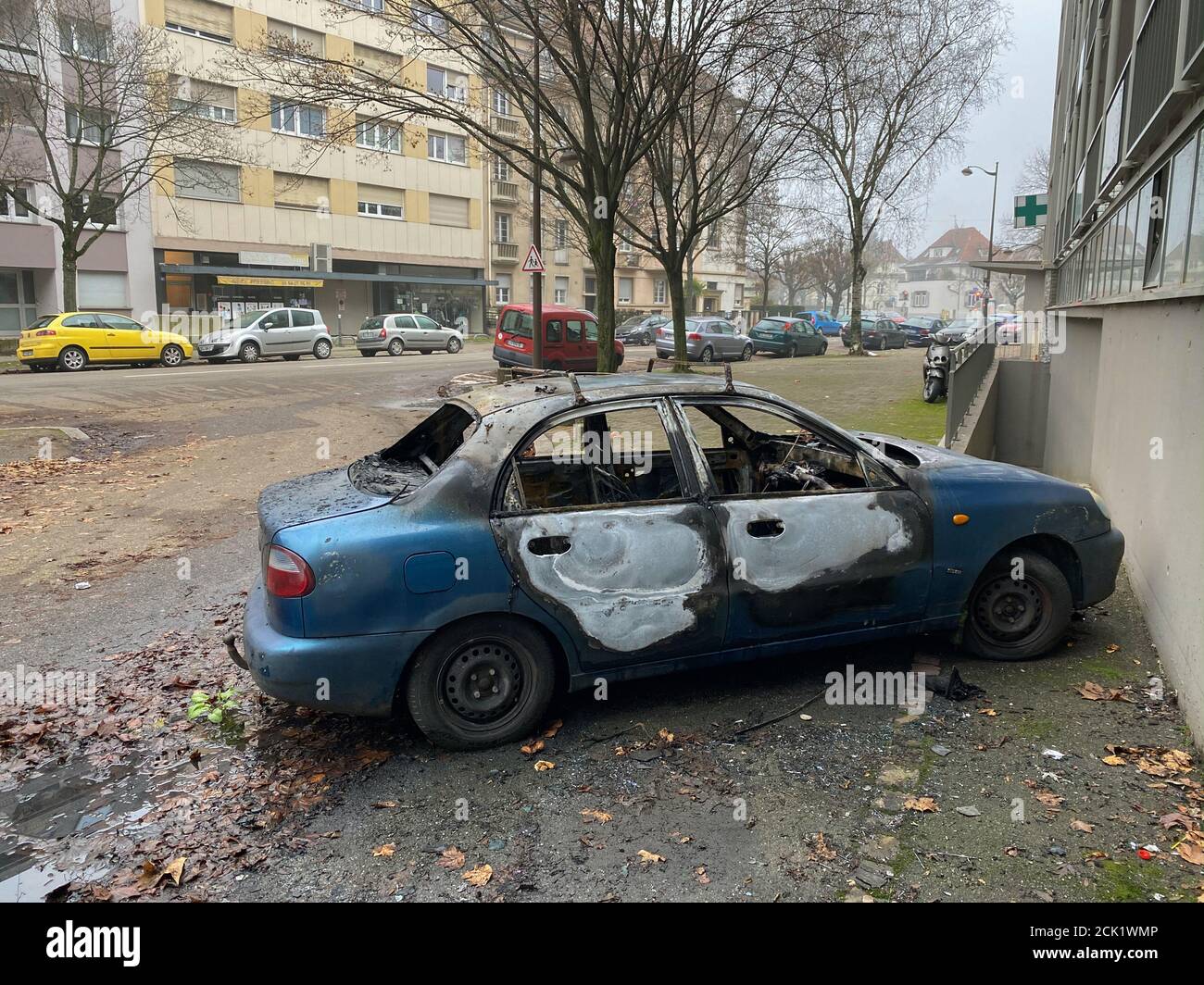 Strasbourg, France - Jan 1, 2020: Numerous cars torched during New Year Eve mayhem in Grand Est area and mainly in Strasbourg Stock Photo
