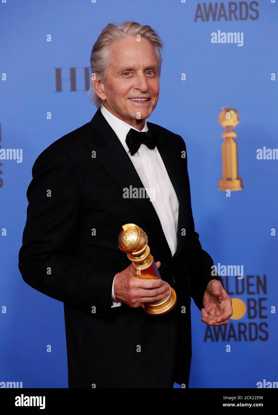 76th Golden Globe Awards - Photo Room - Beverly Hills, California, U.S., January 6, 2019 Michael Douglas poses backstage with his trophy for Best Performance by an Actor in a Television Series - Musical or Comedy  for 'The Kominsky Method'. REUTERS/Mario Anzuoni Stock Photo