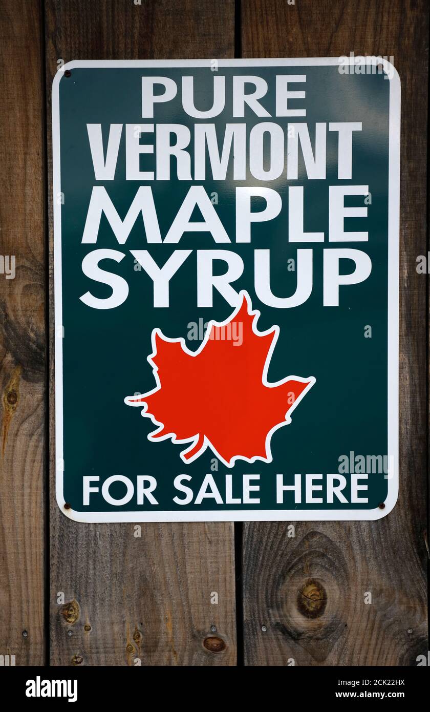Signage board of Pure Vermont Maple Syrup For Sale Here on a store wall.Londonderry.Vermont.USA