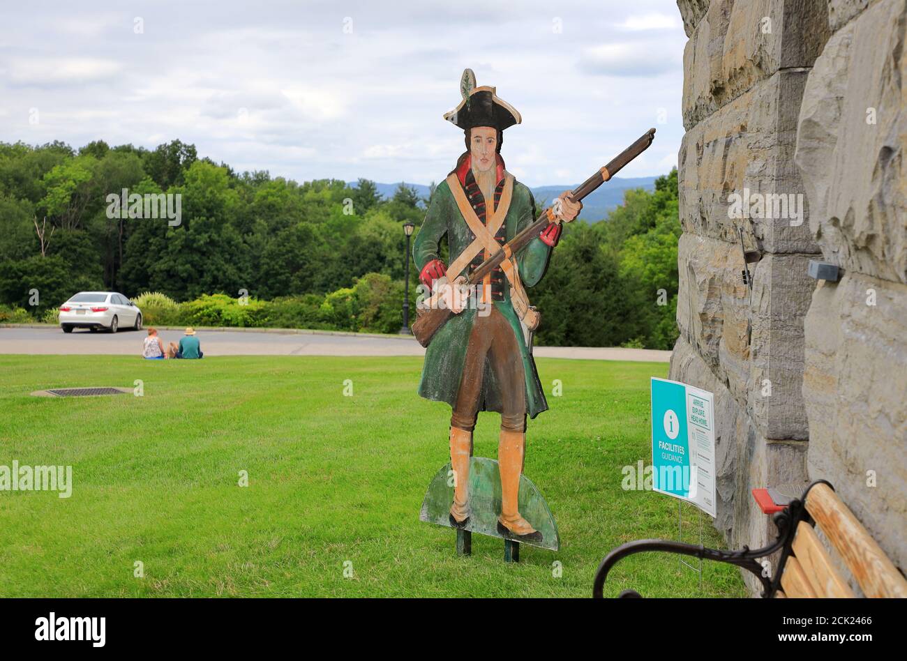 A revolutionary war soldier cardboard stand up by the entrance of Bennington Battle Monument.Bennington.Vermont.USA Stock Photo