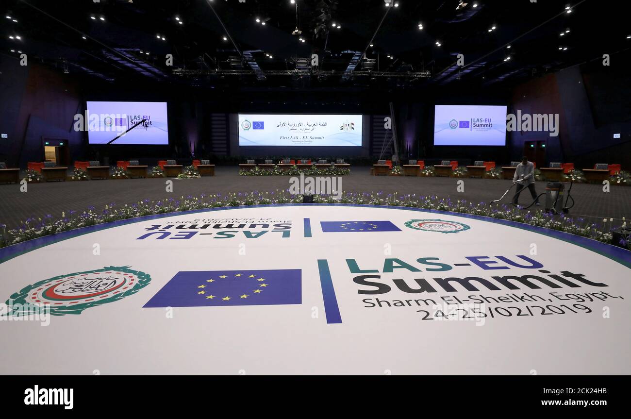 Workers prepare the International Congress Centre a day before the first EU  Arab League Summit starts in Sharm El Sheikh, Egypt, February 23, 2019.  REUTERS/Mohamed Abd El Ghany Stock Photo - Alamy