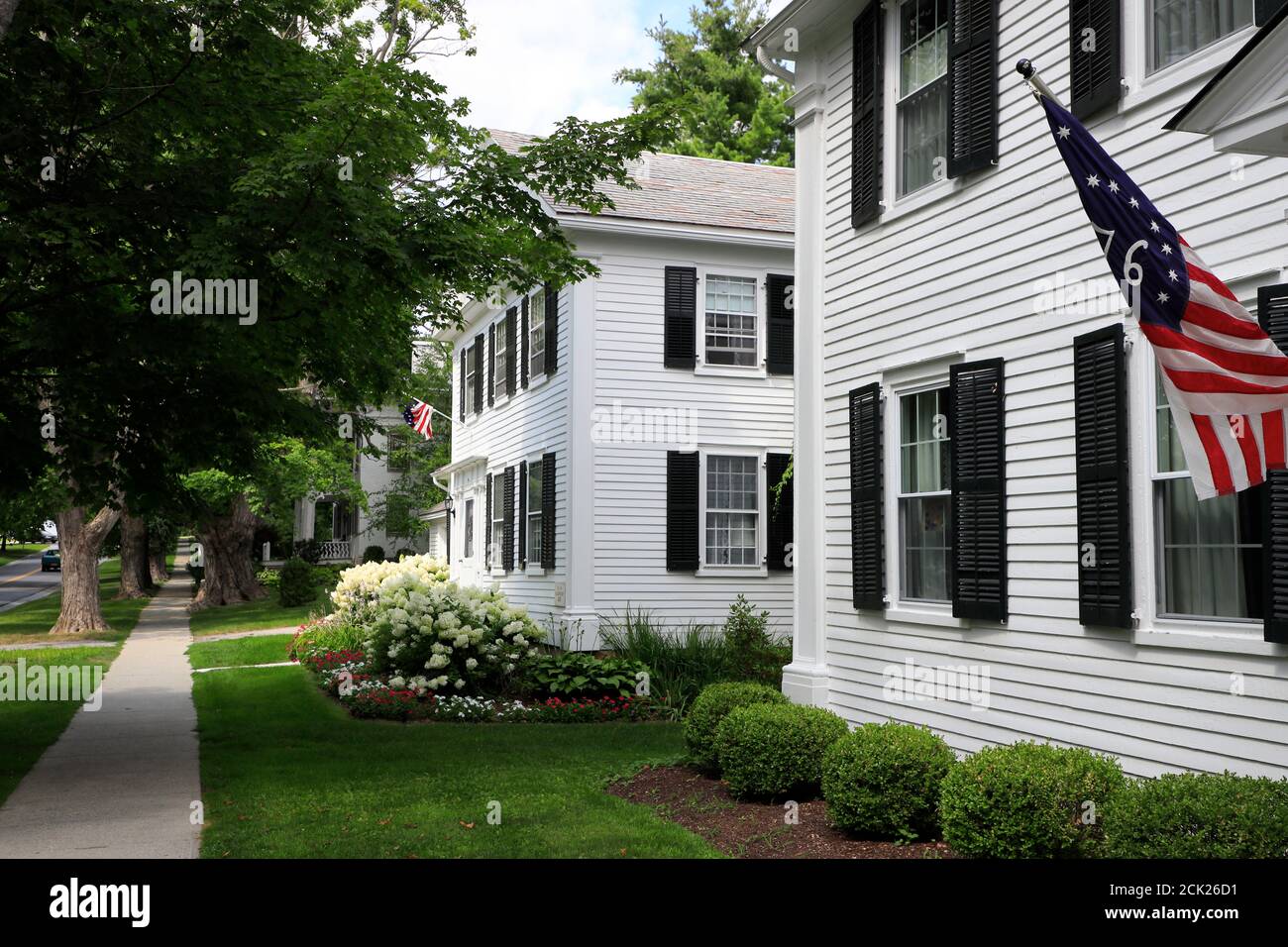 Colonial houses with American Revolution flag aka Bennington 76 flag in