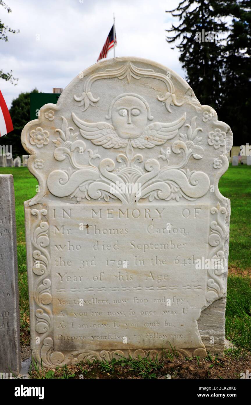 18th century's gravestone with winged figure carved by Zerubbabel Collins in Old Bennington Cemetery.Bennington.Vermont.USA Stock Photo