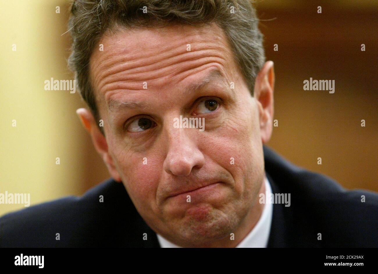 U.S. Treasury Secretary Timothy Geithner testifies about the Obama administration's budget proposals and goals for economic recovery and reform before the House Appropriations Subcommittee on General Government and Financial Services in Washington, May 21, 2009. Geithner said that a bailout for banks was steadying the financial system but care must be taken to ensure that normal market forces are allowed to operate.  REUTERS/Jim Bourg   (UNITED STATES BUSINESS POLITICS) Stock Photo
