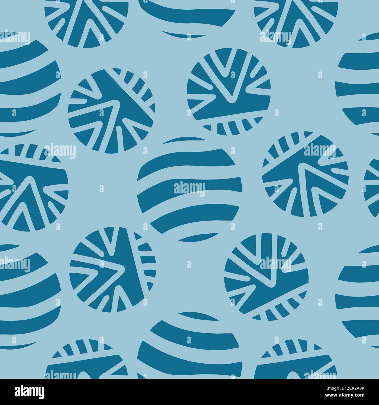 Blue seamless vector pattern with circle shapes with lines and stripes ...