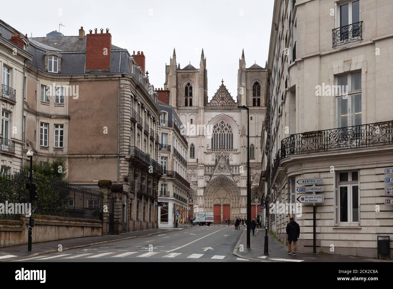 Nantes, France: 22 February 2020: Nantes Cathedral, Cathedral of St. Peter and St. Paul of Nantes, view from Rue General Leclerc de Hauteclocque Stock Photo