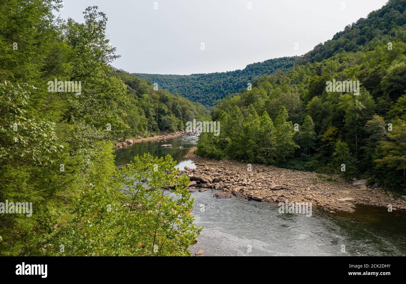 Aerial view of the Cheat River near the 1912 metal truss Jenkinsburg Bridge near Mt Nebo and Morgantown over Cheat River Stock Photo