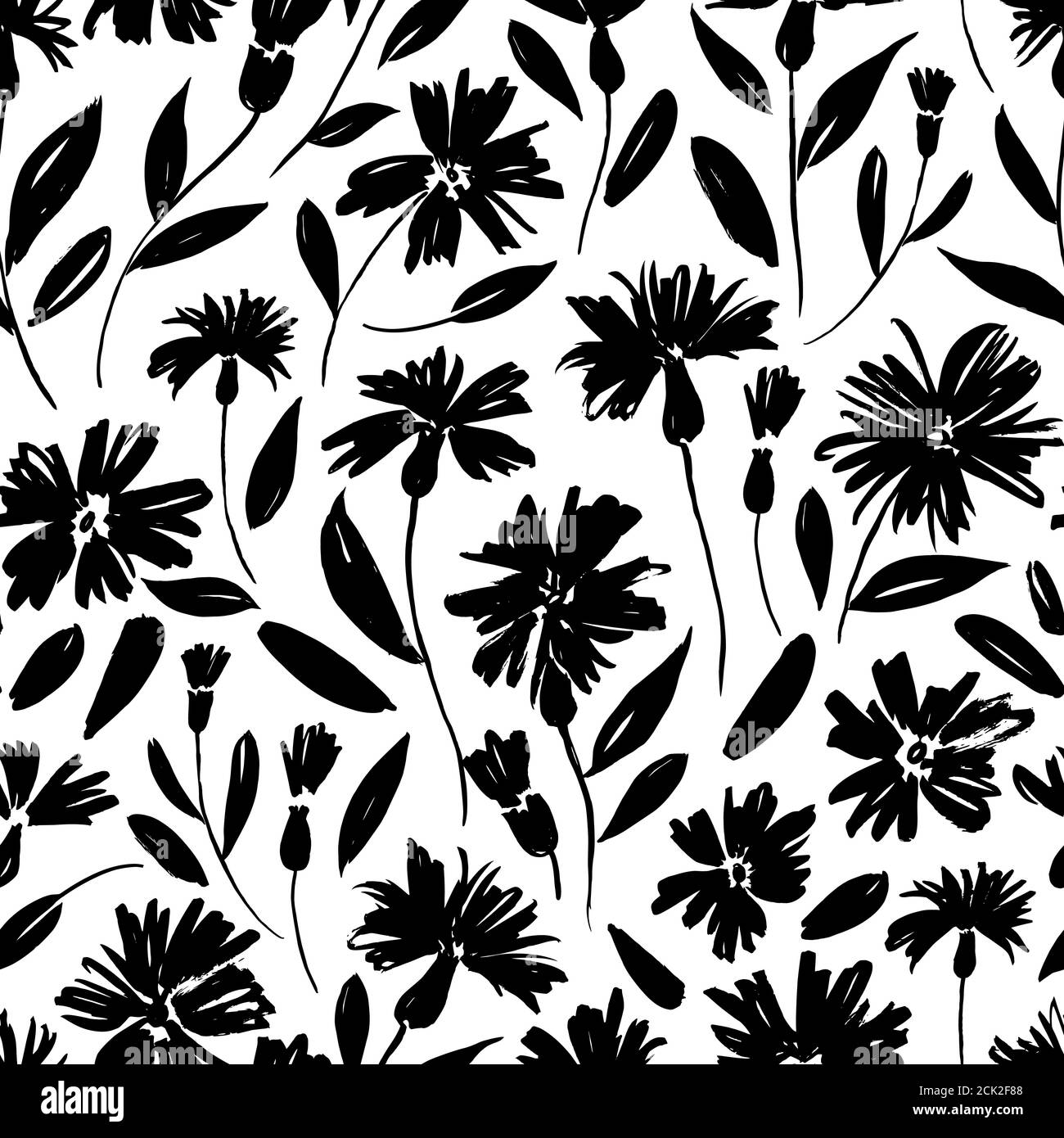 Black flowers with stems vector seamless pattern. Stock Vector