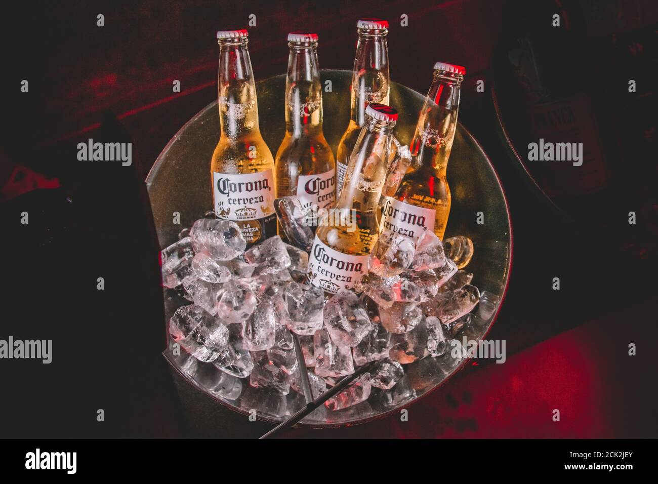 Buenos Aires, Argentina; January 14, 2018: Five bottles of Corona beers in a bowl with ice Stock Photo