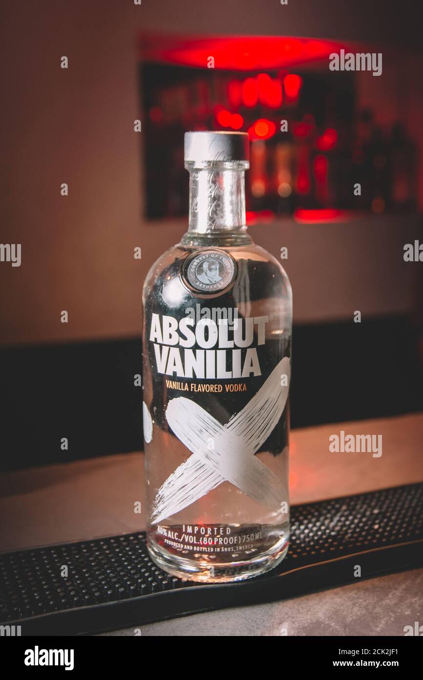 Buenos Aires, Argentina; January 21, 2018: a bottle of Absolut Vanilia vodka in front in a bar. Vanilla flavored vodka. Stock Photo