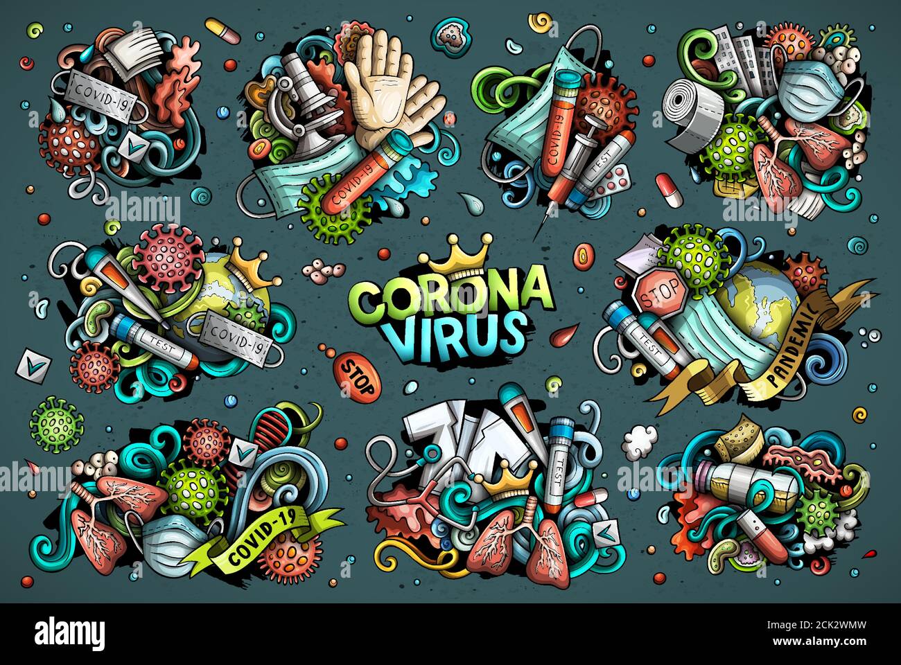 Vector doodles cartoon set of Coronavirus objects and elements Stock Vector