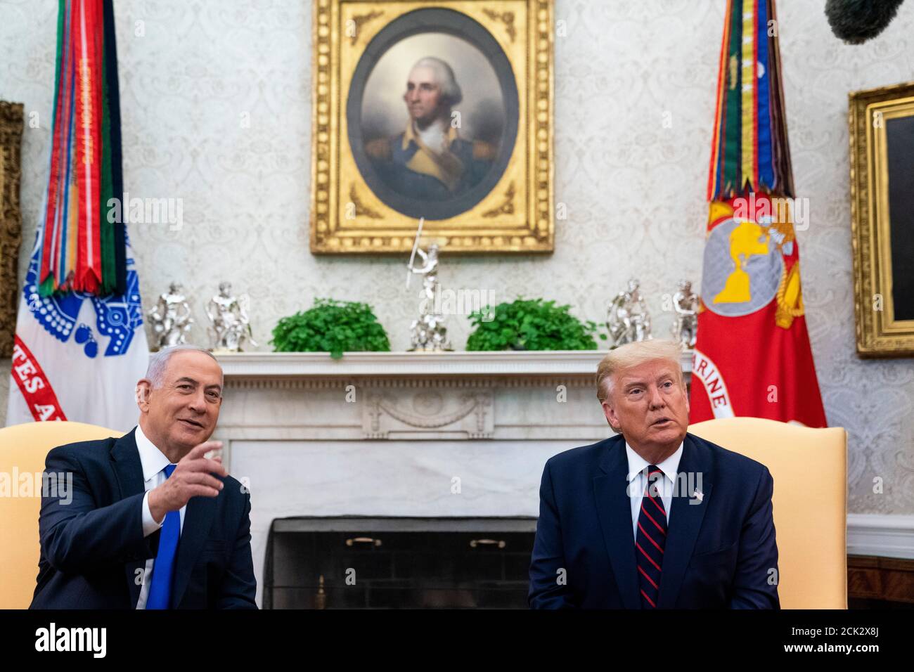 United States President Donald J. Trump meets with Prime Minister Benjamin Netanyhu of Israel ahead of the Abraham Accords Signing Ceremony on the South Lawn of the White House, Tuesday, Sept. 15, 2020. Credit: Doug Mills/Pool via CNP /MediaPunch Stock Photo