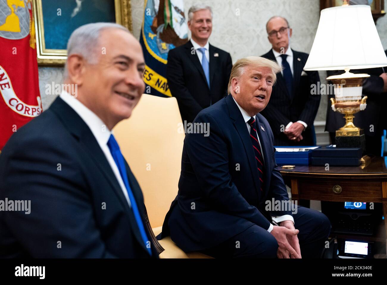 United States President Donald J. Trump meets with Prime Minister Benjamin Netanyhu of Israel ahead of the Abraham Accords Signing Ceremony on the South Lawn of the White House, Tuesday, Sept. 15, 2020. Credit: Doug Mills/Pool via CNP /MediaPunch Stock Photo