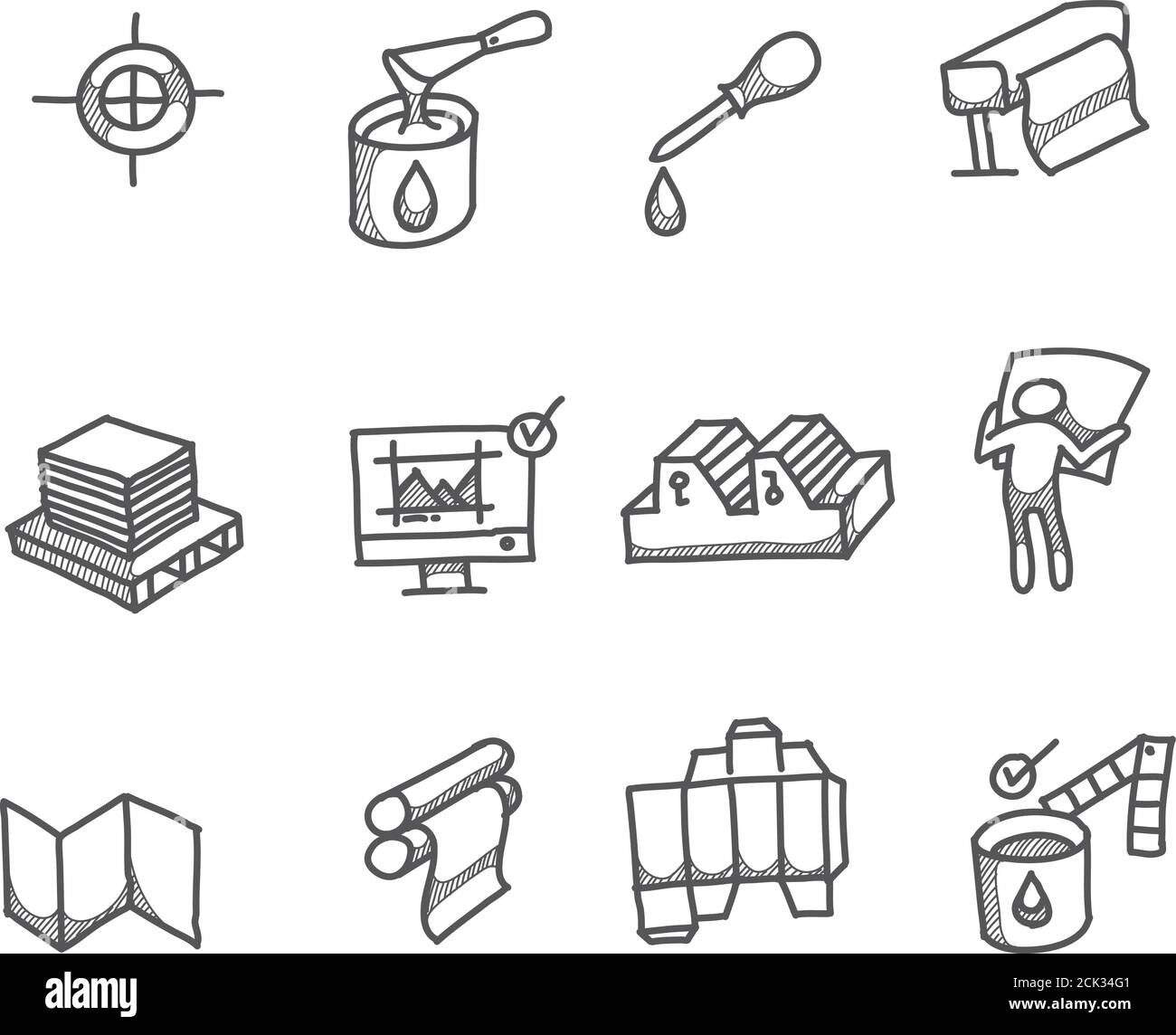 Printing icons in sketches. Industrial hand drawn doodles Stock Vector ...