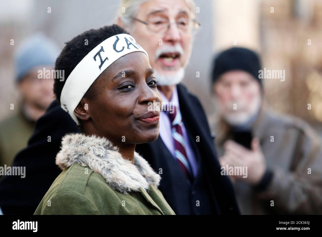 Therese Patricia Okoumou speaks to the media after her sentencing for conviction on attempted scaling of the Statue of Liberty to protest the U.S. immigration policy, outside a federal court in New York, U.S., March 19, 2019. REUTERS/Shannon Stapleton Stock Photo