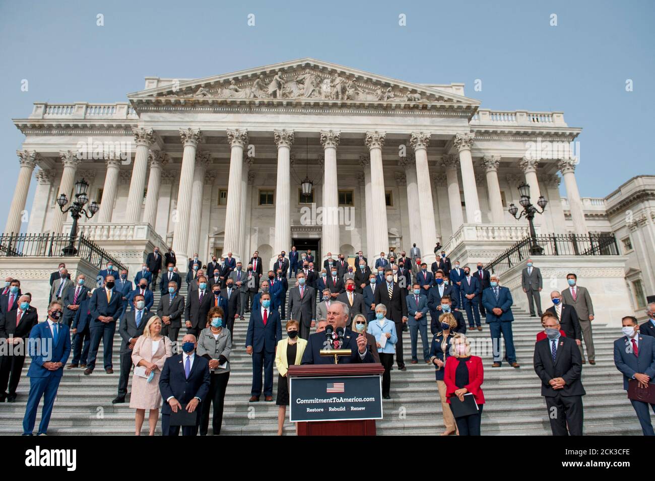 United States House Minority Whip Steve Scalise (Republican of Louisiana), offers remarks as he is joined by United States House Minority Leader Kevin McCarthy (Republican of California) and others during a press conference regarding the 'Commitment to America: to restore our way of life, rebuild the greatest economy, and renew the American dream' on the House Steps at the US Capitol in Washington, DC., Tuesday, September 15, 2020. Credit: Rod Lamkey/CNP /MediaPunch Stock Photo