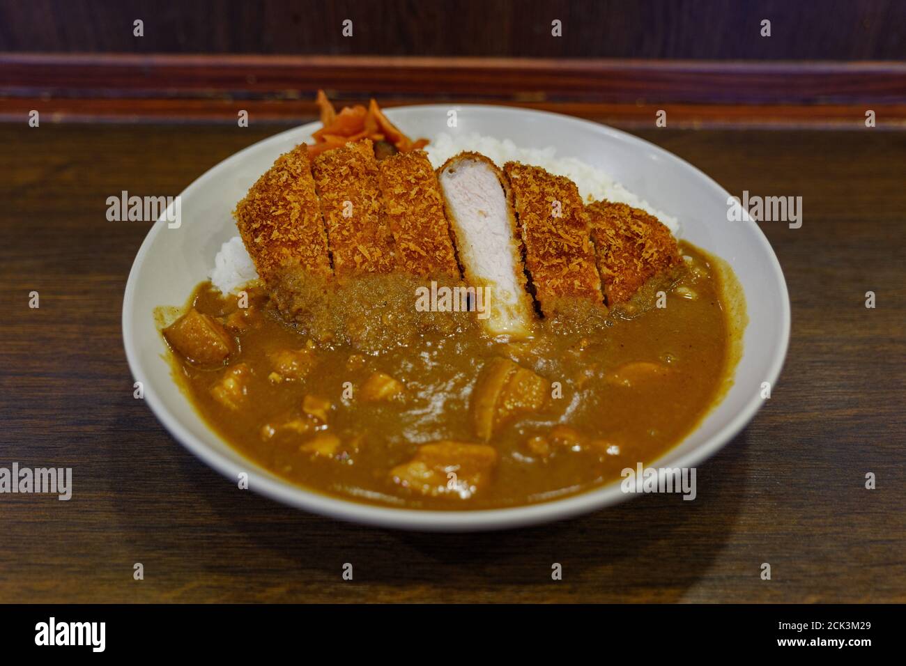 Top view of Tonkutsu, Cutlet deep fried pork, Curry and rice. Stock Photo