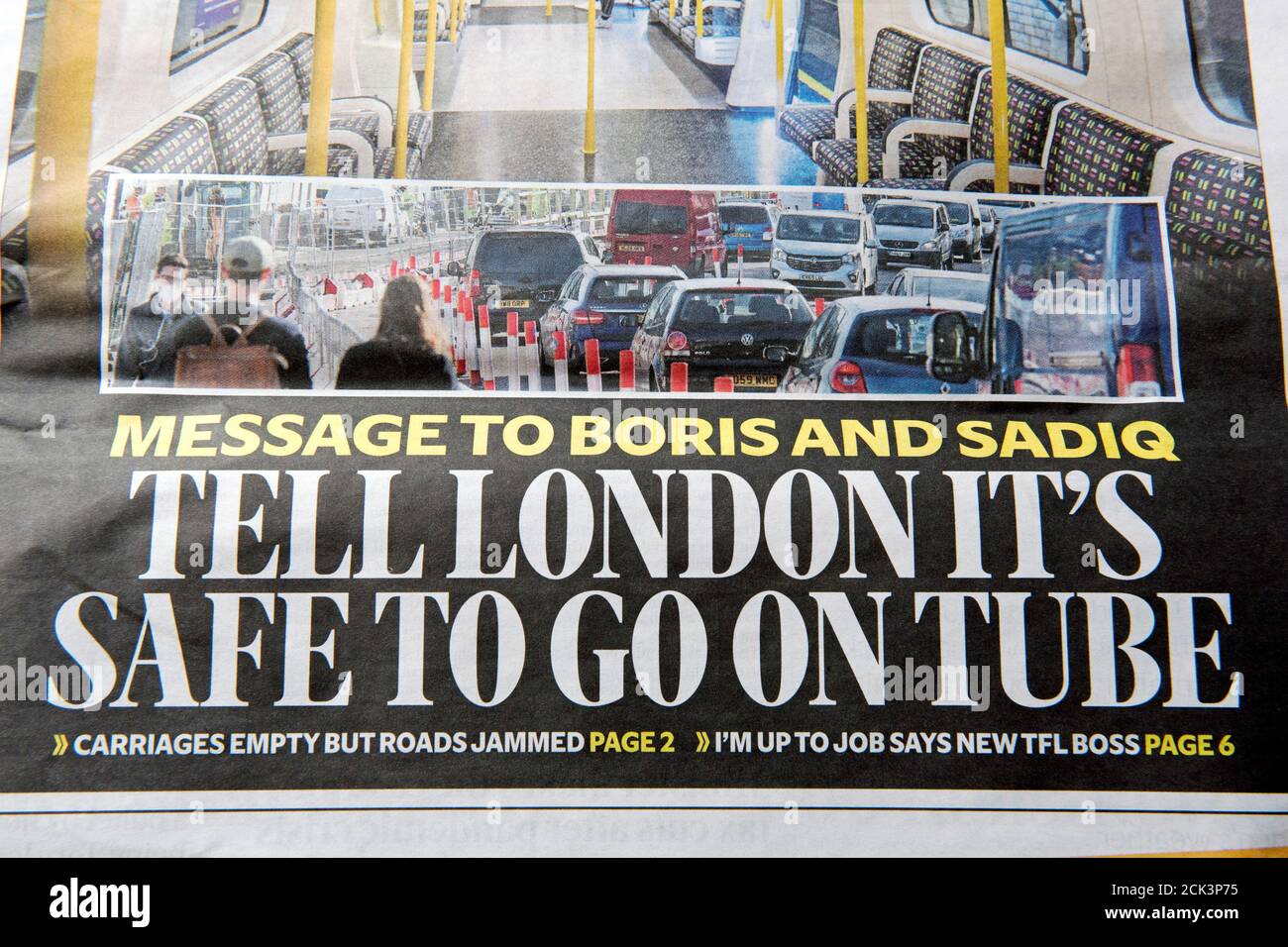 Evening Standard Headline - Message to Boris and Sadiq -Tell London it's Safe to go on the Tube. Wednesday 2nd September.  In relation to Coronavirus.  Editorial use only Stock Photo