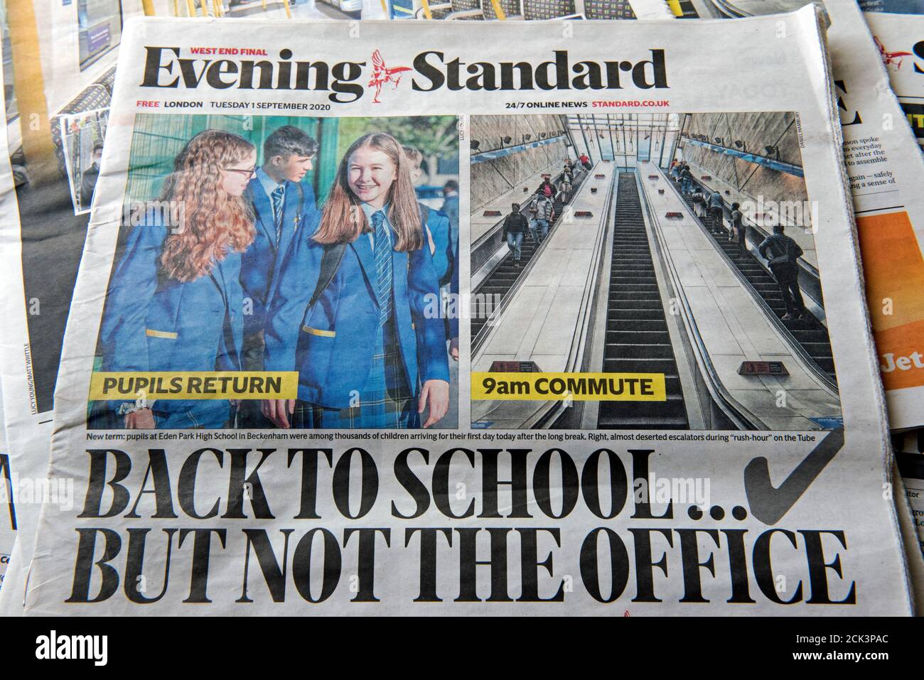 Evening Standard Newspaper headline - Back to School but not the Office - Tuesday 1st September 2020 Editorial use only Stock Photo