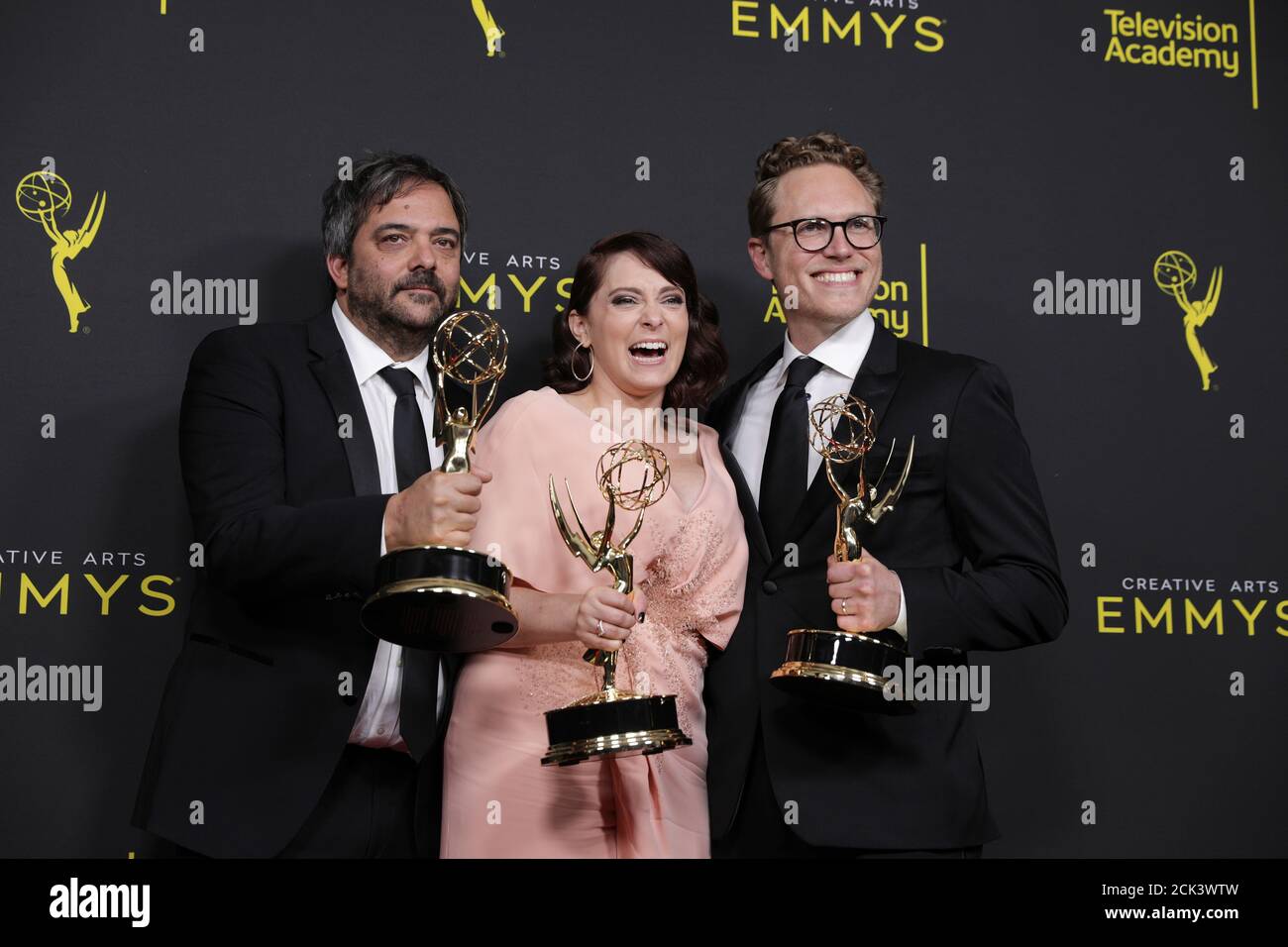2019 Creative Arts Emmys Awards - Photo Room - Los Angeles, CA, U.S.,  September 14, 2019 - Adam Schlesinger, Rachel Bloom and Jack Dolgen (L-R)  pose with their Emmy Awards for Outstanding