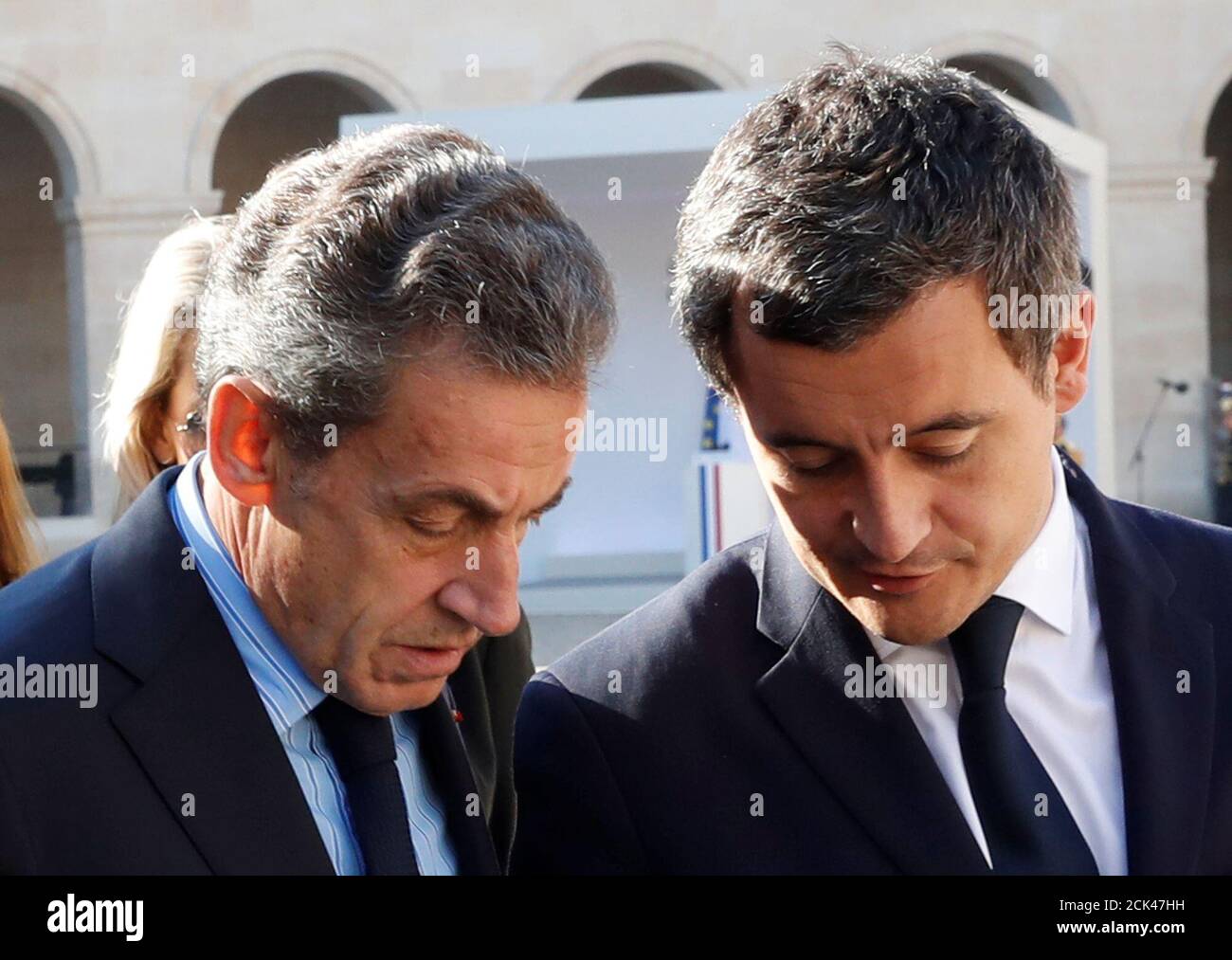 Former French President Nicolas Sarkozy Talks With French Budget Minister Gerald Darmanin As They Leave After A Ceremony To Pay Tribute To Late Singer Charles Aznavour In Paris France October 5 2018