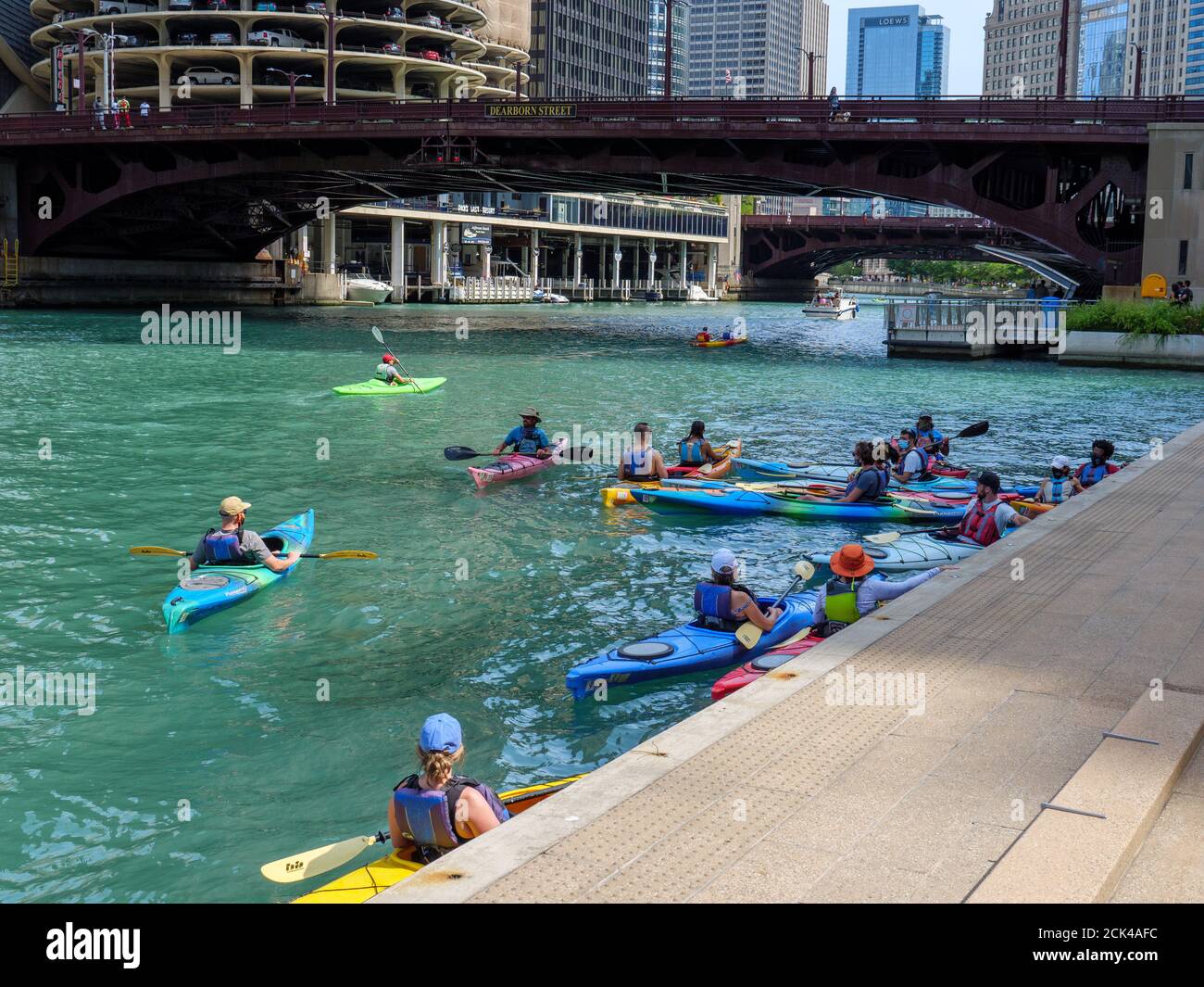 Touring by kayak on the Chicago River Stock Photo Alamy