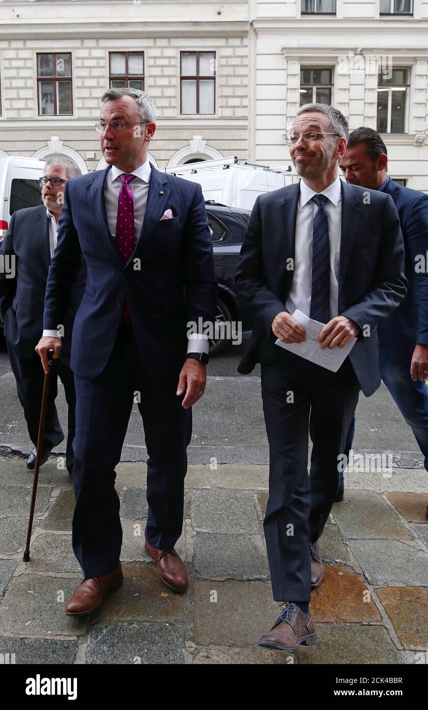 Designated new Chief of Freedom Party Norbert Hofer and Interior Minister Herbert Kickl arrive to address a news conference in Vienna, Austria, May 20, 2019. REUTERS/Lisi Niesner Stock Photo
