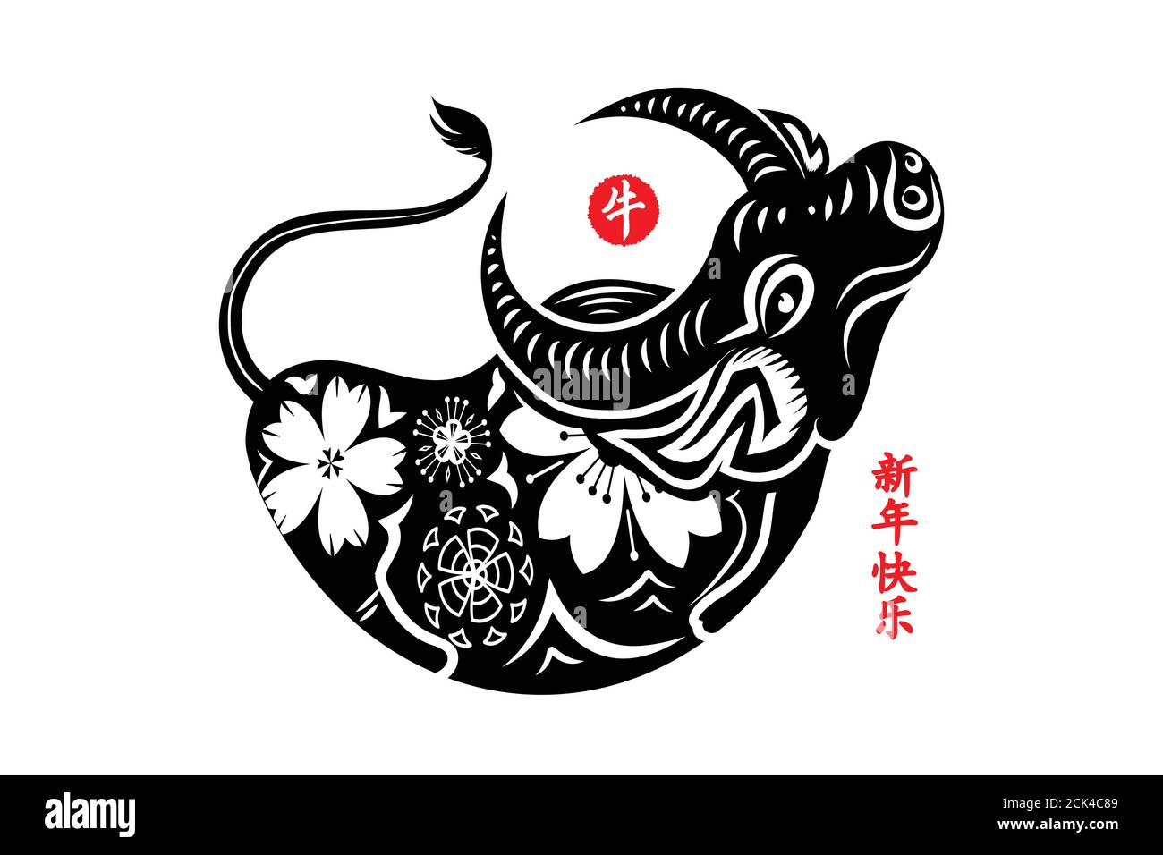 Chinese Zodiac Sign Year of Ox, Red paper cut ox. Happy Chinese New