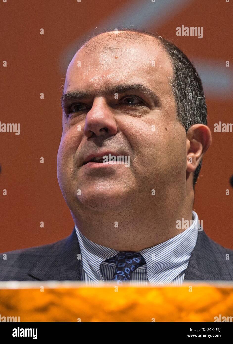 Easyjet founder Stelios Haji-Ioannou speaks at a media event to celebrate 20 years in business at Luton Airport, southern England, November 10, 2015. British low cost carrier easyJet said it would launch a loyalty scheme for its most frequent travelers, the latest perk to be added that is more usually associated with traditional airlines. At an event marking 20 years since its first flight on Tuesday, easyJet said it would reward customers who fly with it more than 20 times a year by offering them benefits such as flight changes for free.    REUTERS/Eddie Keogh Stock Photo
