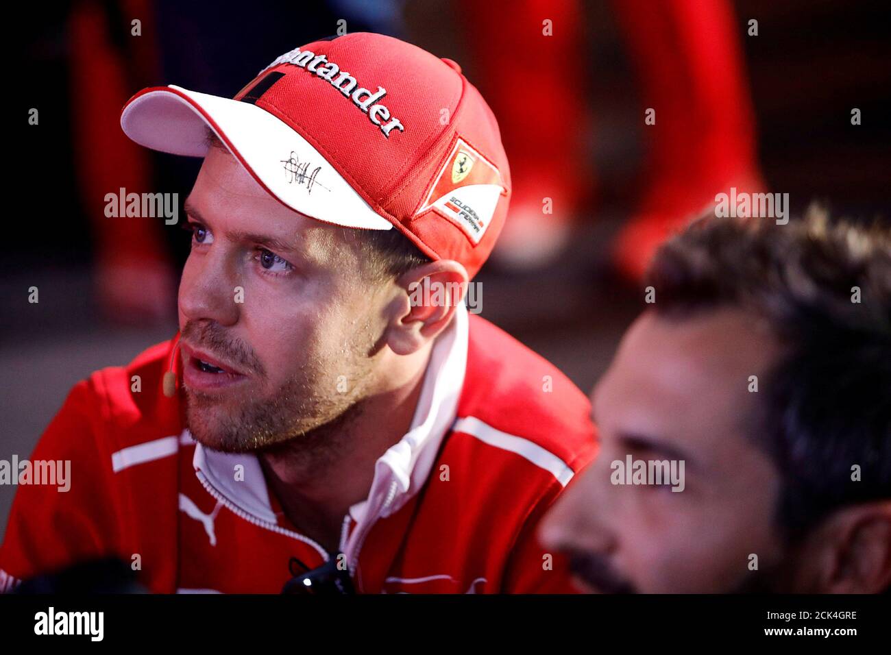 Ferrari's Sebastian Vettel of Germany is seen next to a racing simulator ahead of the Mexican F1 Grand Prix on October 29, in Mexico City, Mexico, October 26, 2017. REUTERS/Edgard Garrido Stock Photo