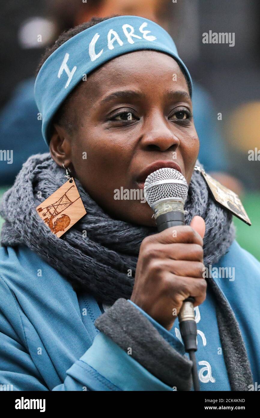 Therese Okoumou, Statue of Liberty climber, speaks during the march at the United States Courthouse in the Manhattan borough of New York City, New York, U.S., December 17, 2018. REUTERS/Jeenah Moon Stock Photo