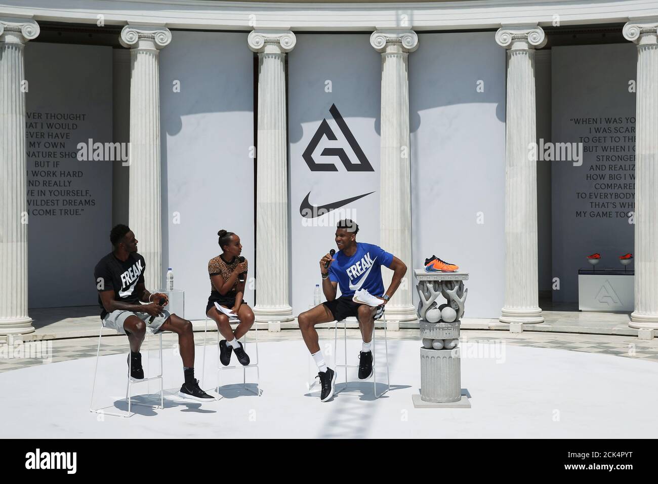 Milwaukee Bucks forward and NBA's MVP Giannis Antetokounmpo speaks during  an official presentation event of a Nike Shoe, in Athens, Greece June 28,  2019. REUTERS/Costas Baltas Stock Photo - Alamy