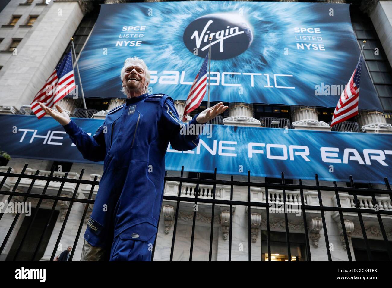 Sir Richard Branson stands outside the New York Stock Exchange (NYSE) ahead of the Virgin Galactic (SPCE) IPO in New York, U.S., October 28, 2019. REUTERS/Brendan McDermid Stock Photo